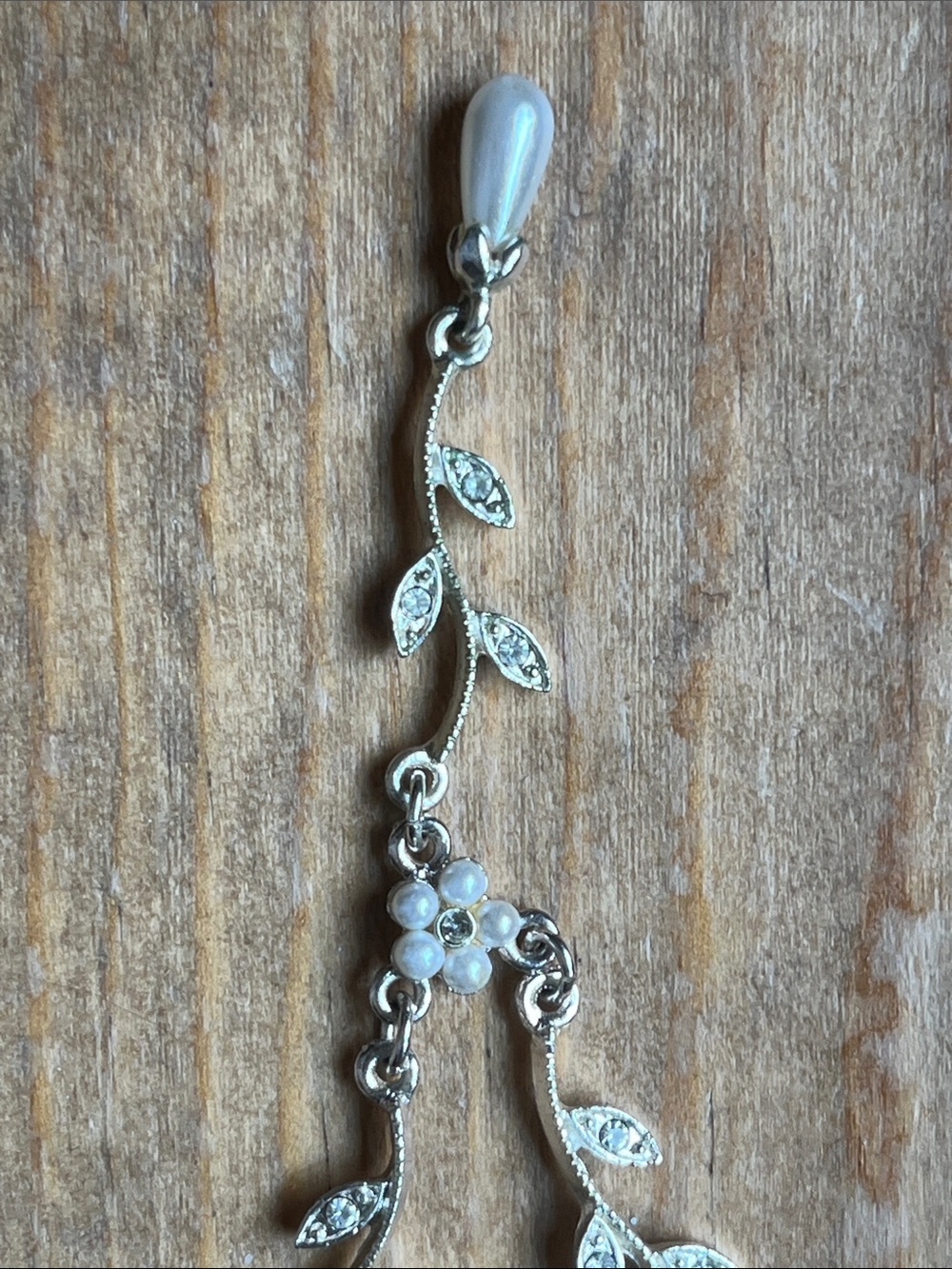 Silver Leaf and Pearl Station Long Necklace